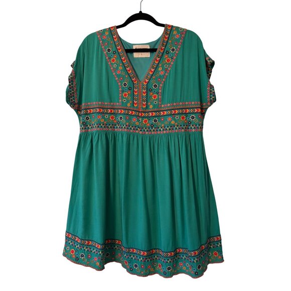 Savanna Jane Womens Embroidered Boho Tunic Dress Green Floral V-Neck  L - Picture 2 of 10